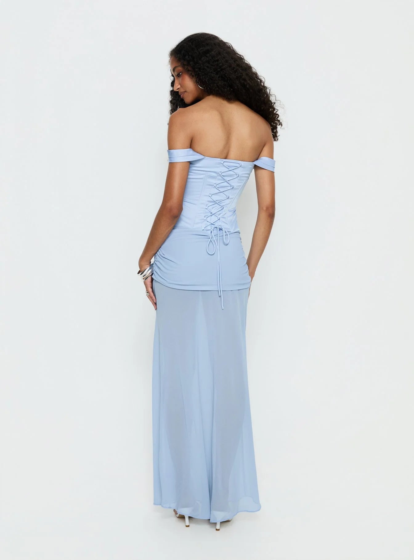 Elegant Form-Fitting Off-The-Shoulder Short Sleeve Lace-Up Back Chiffon Maxi Evening Dress