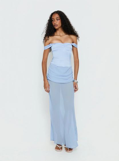 Elegant Form-Fitting Off-The-Shoulder Short Sleeve Lace-Up Back Chiffon Maxi Evening Dress