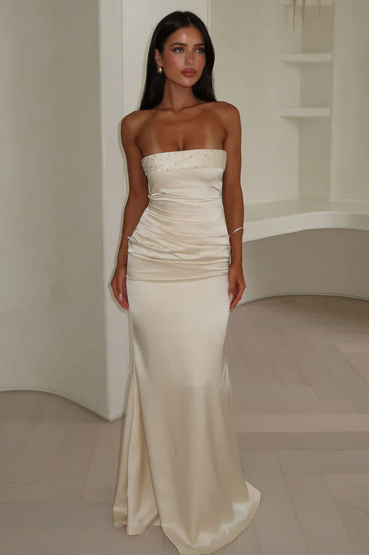 Elegant Form-Fitting Satin Strapless Rhinestone Crisscross Back Floor-Length Evening Dress