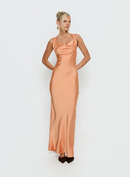 Elegant Form-Fitting Sweetheart Neck Sleeveless Criss-Cross Back Satin Maxi Evening Dress