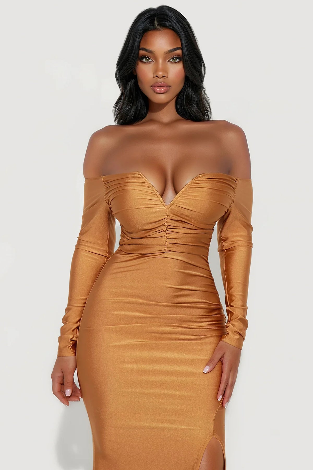 Elegant Gold Off Shoulder Long Sleeve Ruched High Slit Mermaid Train Evening Dress Slim Fit Glam
