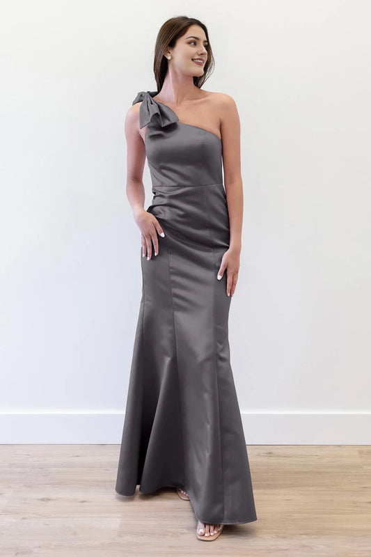 Elegant Grey One-Shoulder Neck Sleeveless Bow-Detail Mermaid Satin Floor-Length Evening Dress