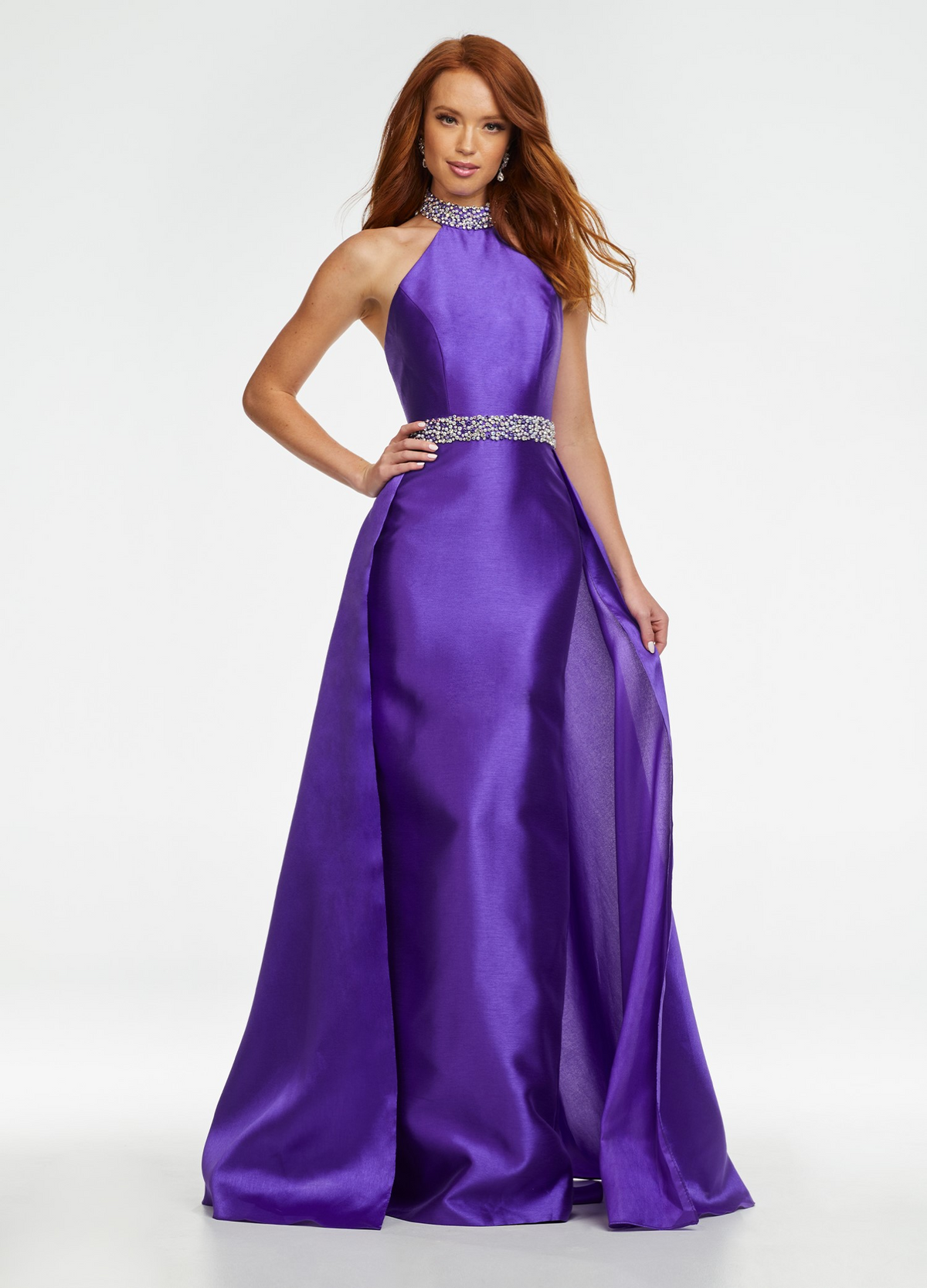 Elegant Halter Beaded Satin Mermaid Prom Dress With Overskirt