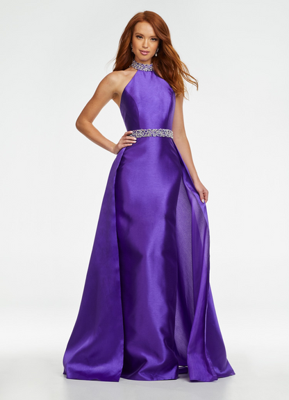 Elegant Halter Beaded Satin Mermaid Prom Dress With Overskirt