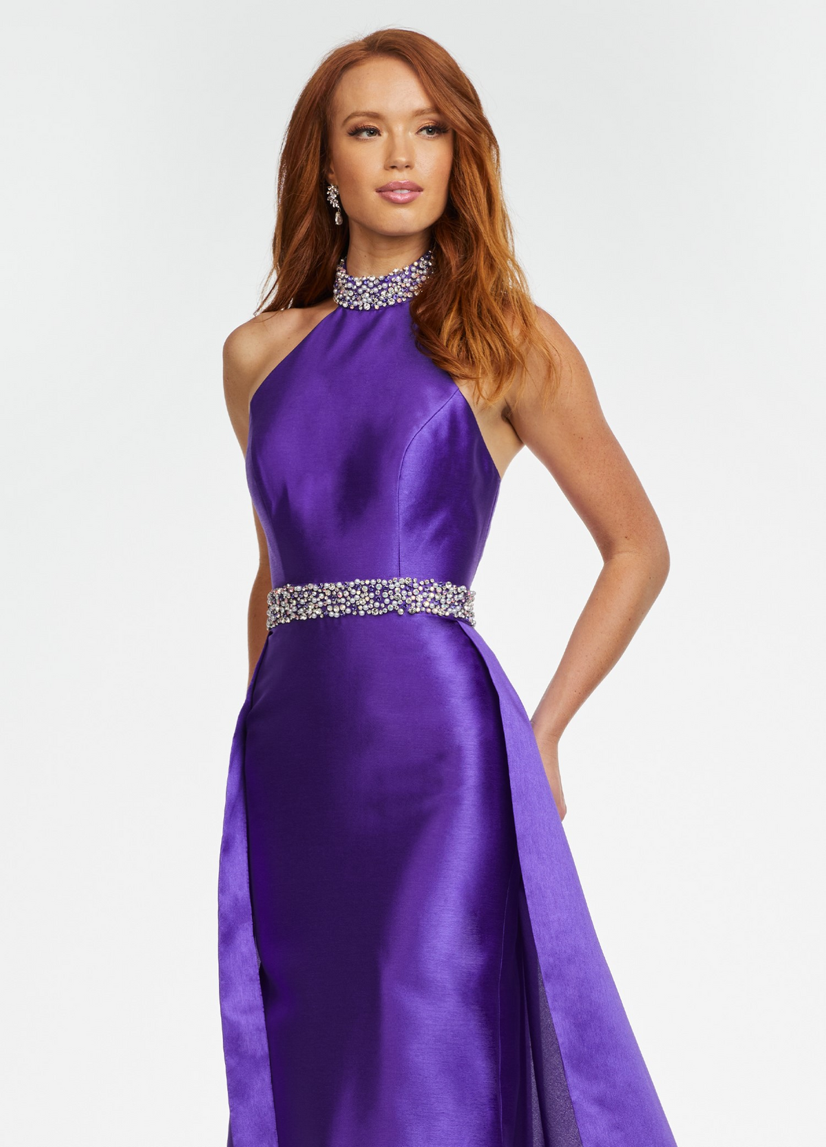 Elegant Halter Beaded Satin Mermaid Prom Dress With Overskirt