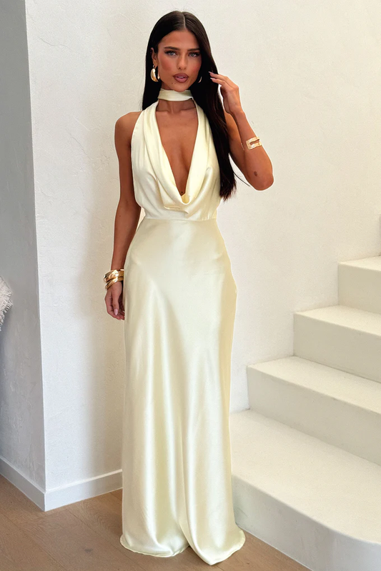 Elegant Halter Cowl Neck Open Back Satin Maxi Evening Dress with Choker Strap