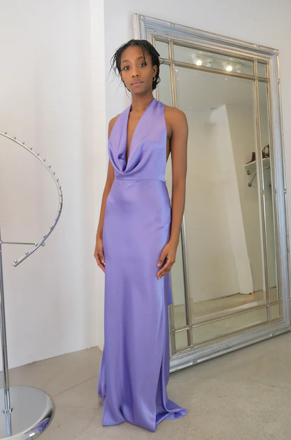 Elegant Halter Cowl Neck Open Back Sleeveless Floor-Length Satin Formal Evening Dress