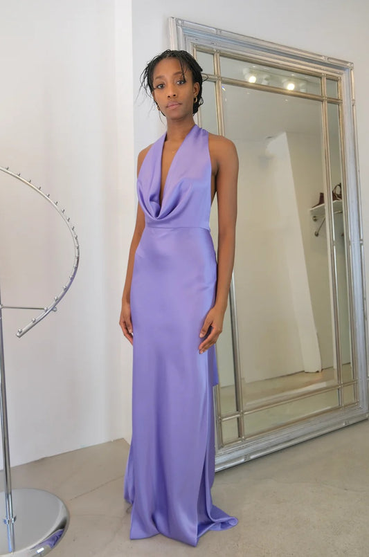 Elegant Halter Cowl Neck Open Back Sleeveless Floor-Length Satin Formal Evening Dress