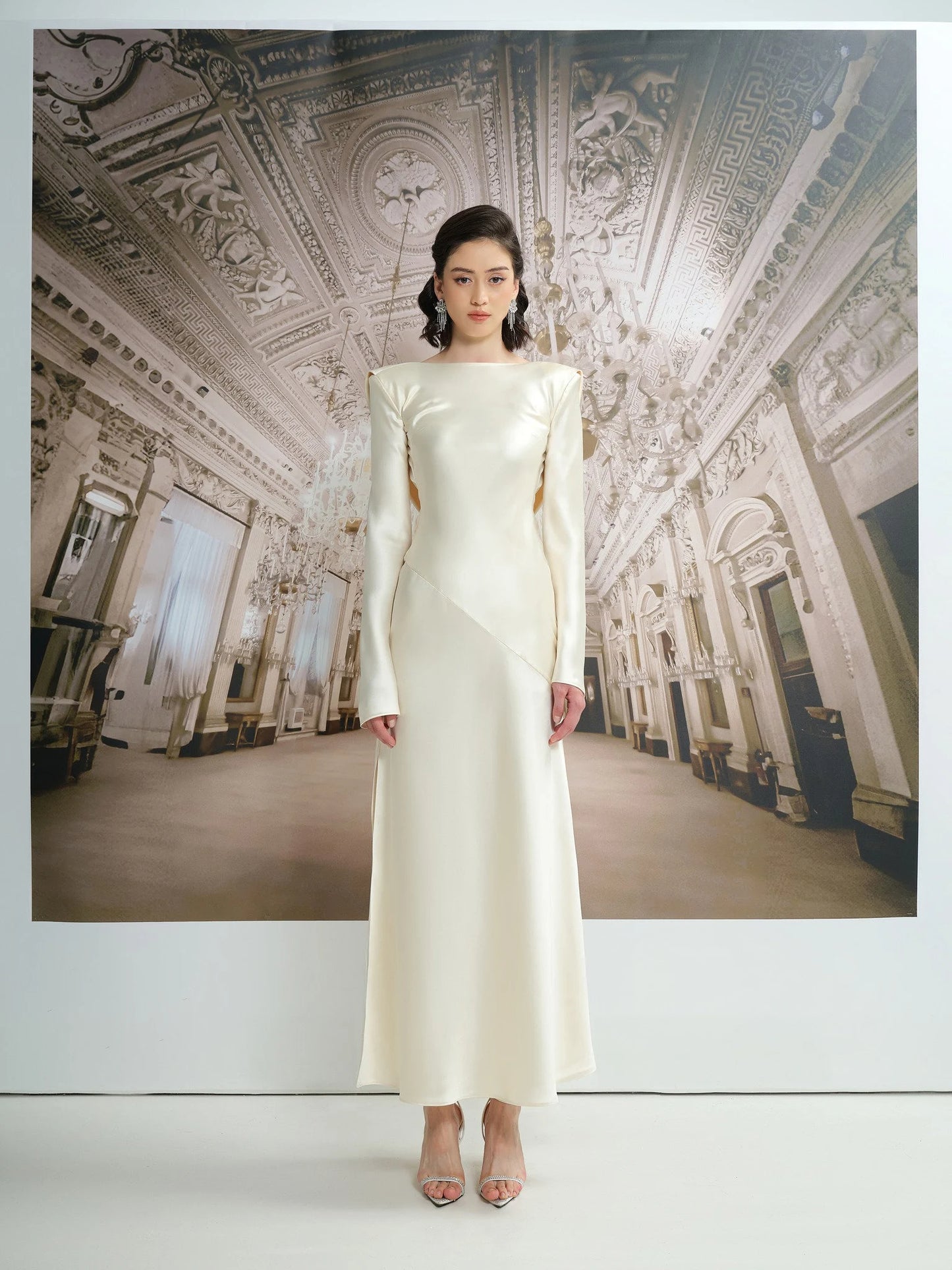 Elegant Ivory Satin Evening Dress with Boat Neck, Draped Cowl Back and High Slit