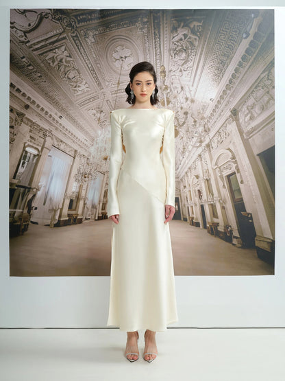 Elegant Ivory Satin Evening Dress with Boat Neck, Draped Cowl Back and High Slit