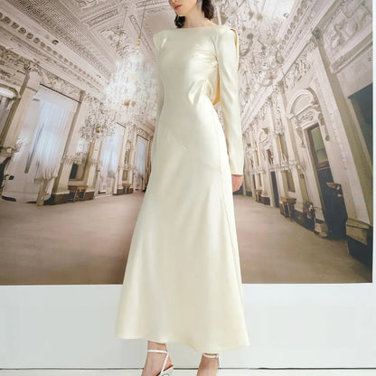 Elegant Ivory Satin Evening Dress with Boat Neck, Draped Cowl Back and High Slit