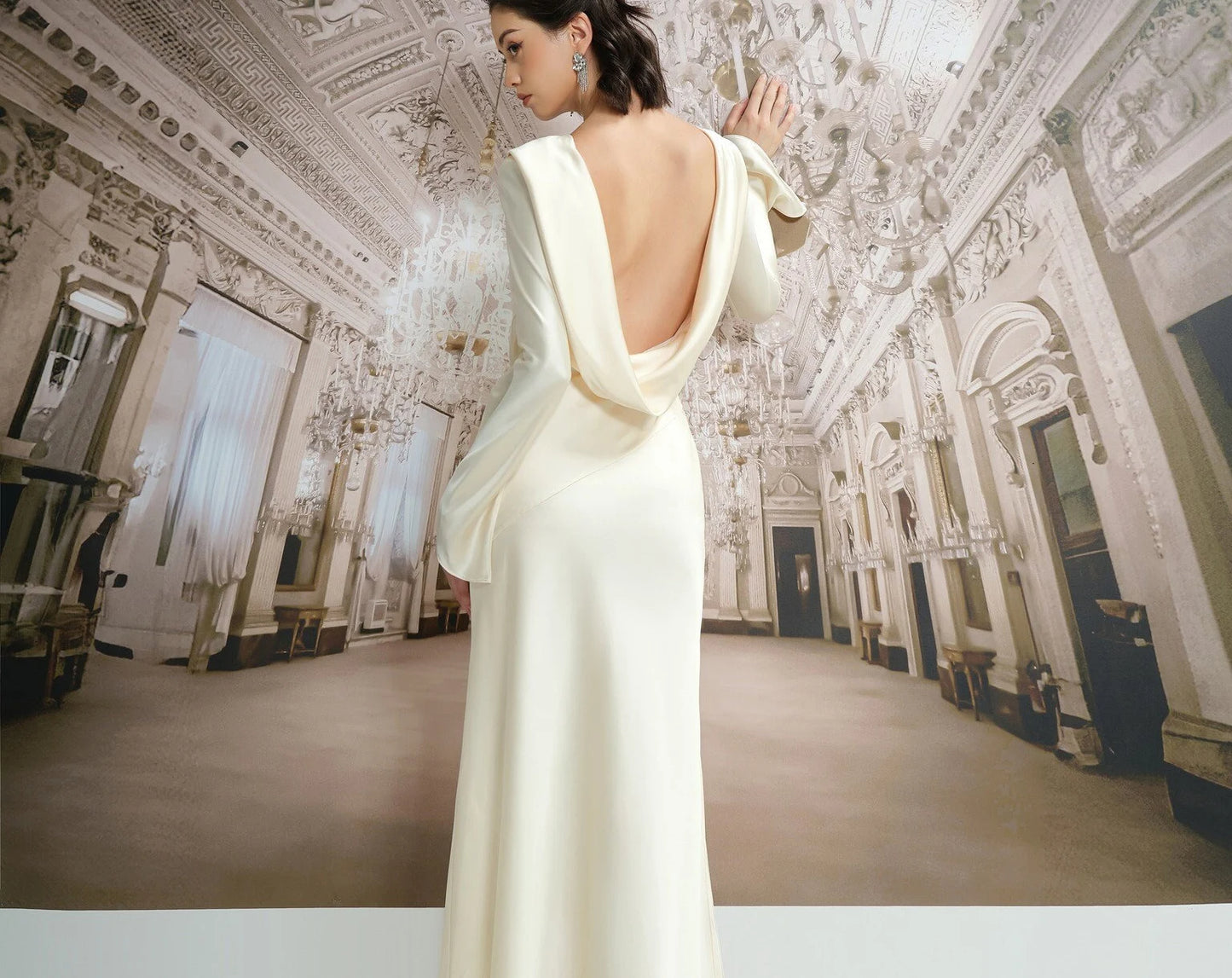 Elegant Ivory Satin Evening Dress with Boat Neck, Draped Cowl Back and High Slit