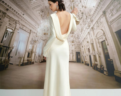 Elegant Ivory Satin Evening Dress with Boat Neck, Draped Cowl Back and High Slit