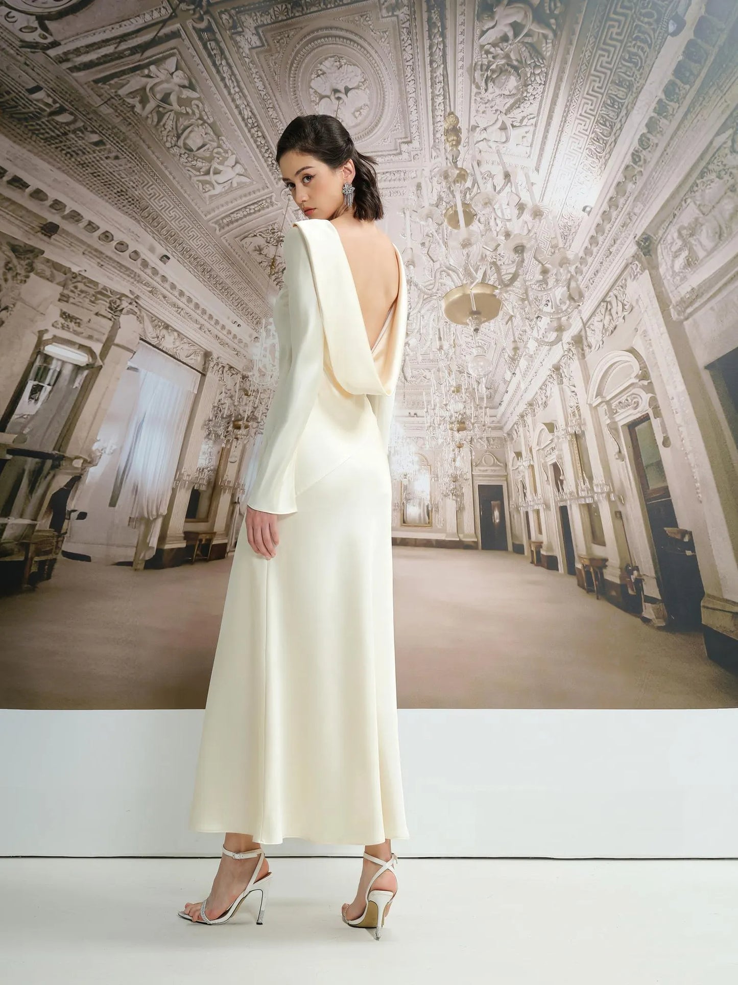 Elegant Ivory Satin Evening Dress with Boat Neck, Draped Cowl Back and High Slit