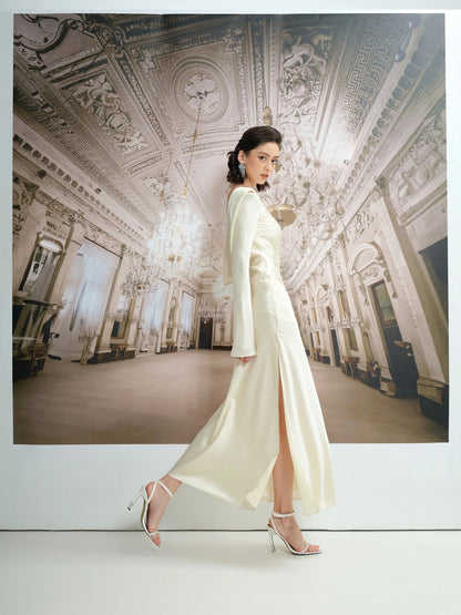 Elegant Ivory Satin Evening Dress with Boat Neck, Draped Cowl Back and High Slit