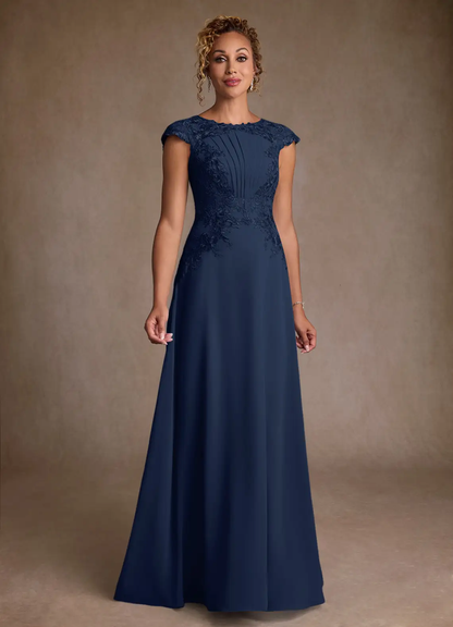 Elegant Lace Appliqué A-Line Round Neck Cap Sleeve Chiffon Floor-Length Mother of the Bride Dress