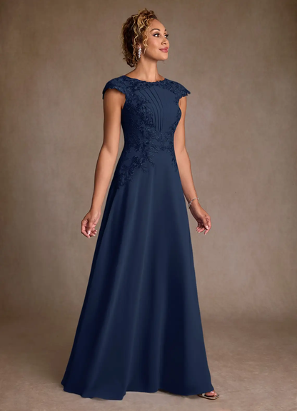 Elegant Lace Appliqué A-Line Round Neck Cap Sleeve Chiffon Floor-Length Mother of the Bride Dress