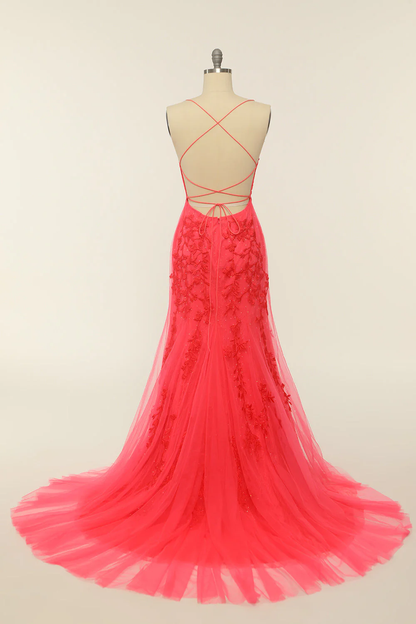 Elegant Lace Appliqué Spaghetti Strap Mermaid Prom Dresses with Crisscross Lace-Up Back