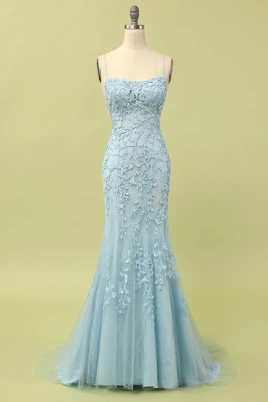 Elegant Lace Appliqué Spaghetti Strap Mermaid Prom Dresses with Crisscross Lace-Up Back