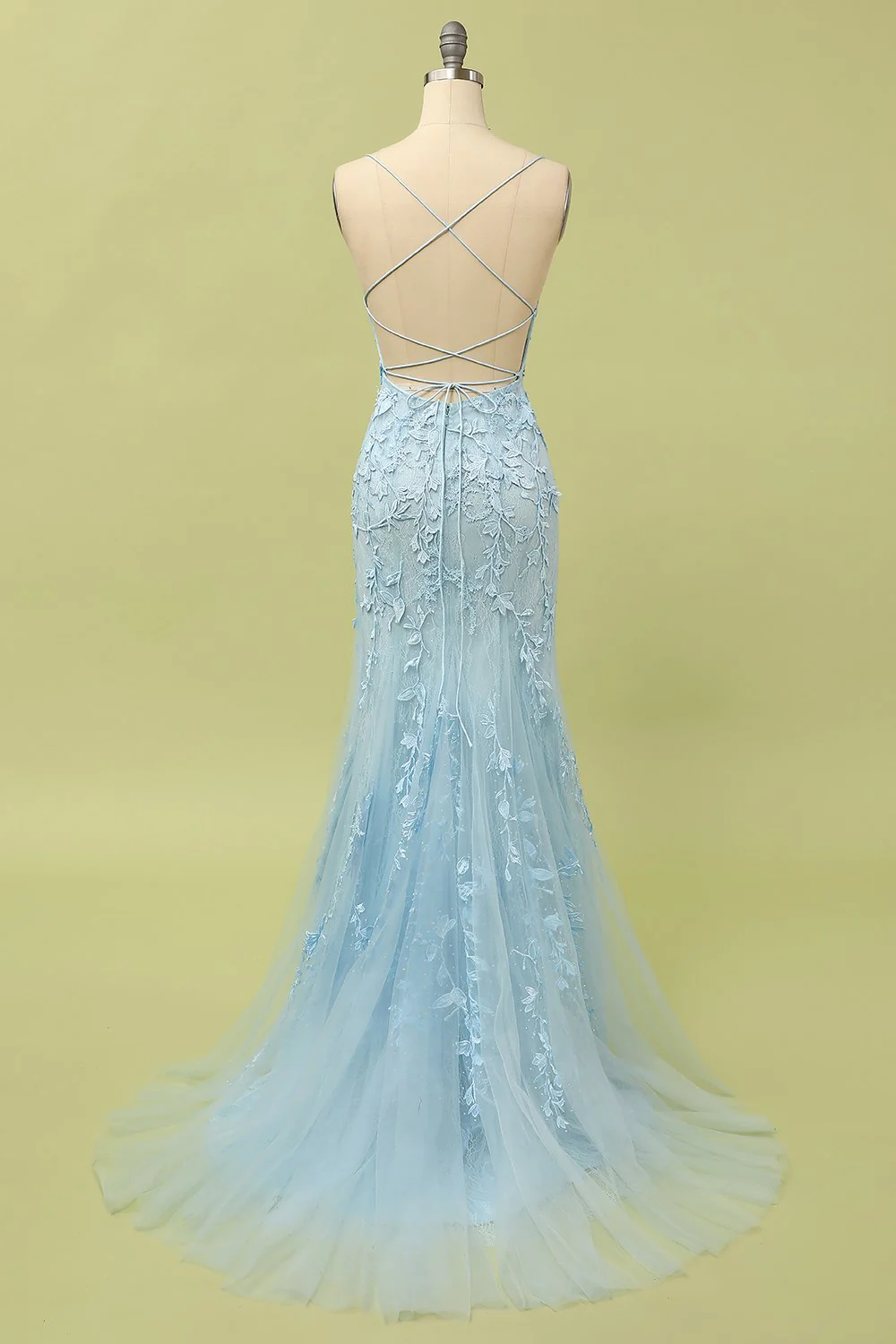 Elegant Lace Appliqué Spaghetti Strap Mermaid Prom Dresses with Crisscross Lace-Up Back