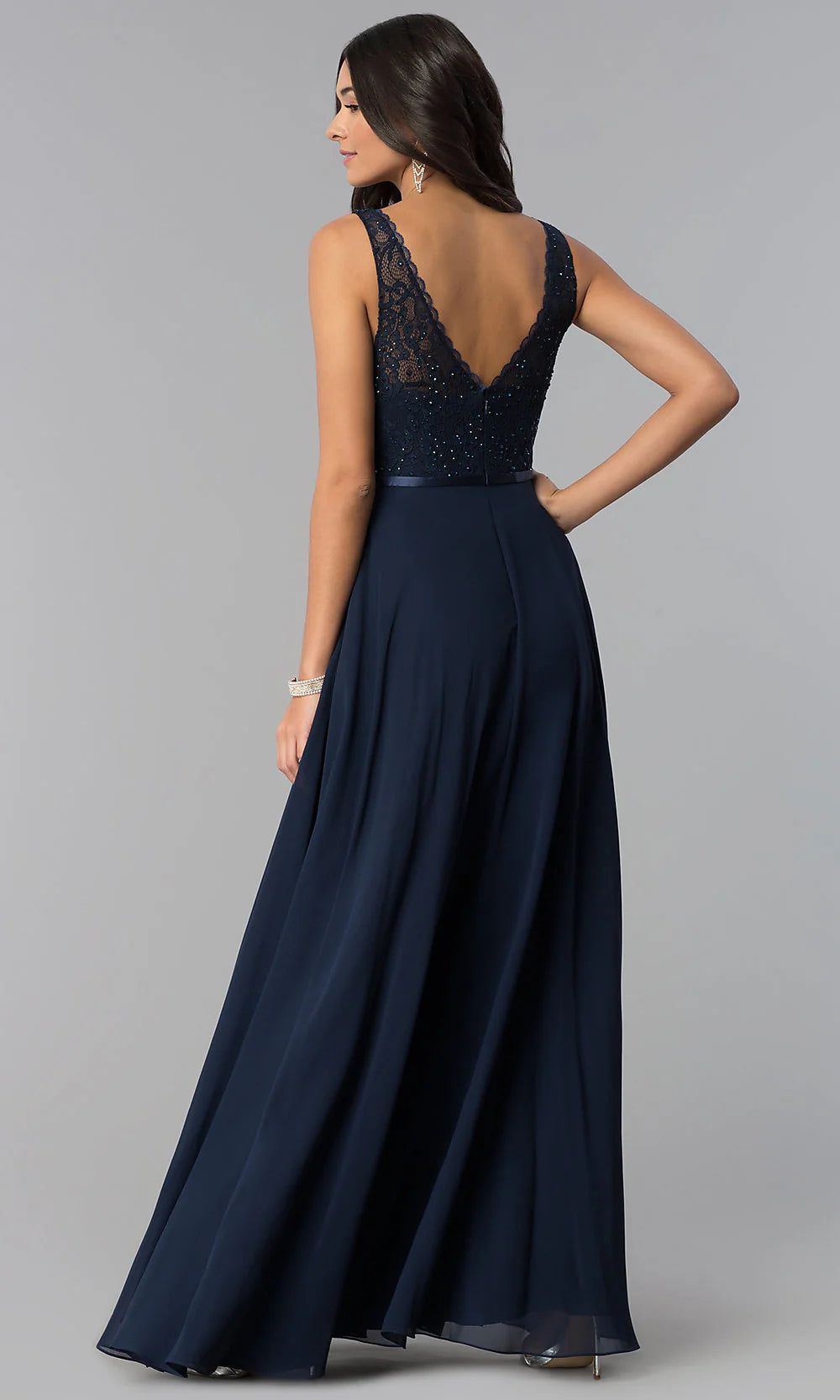 Elegant Lace Beaded A-Line V-Neck Sleeveless Open Back Floor-Length Evening Dress