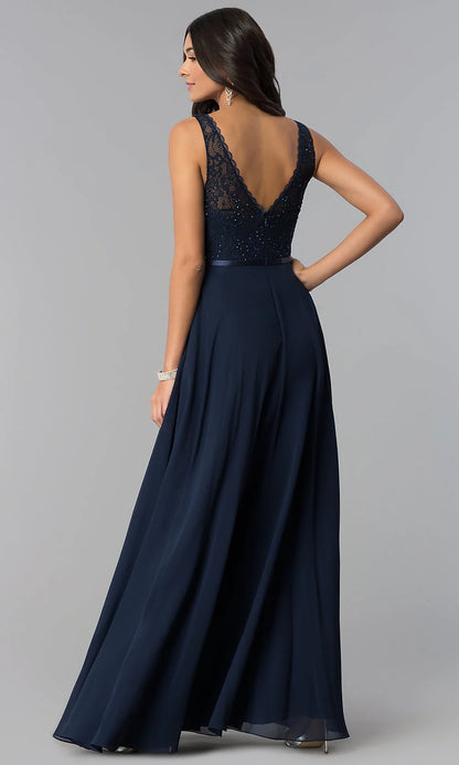 Elegant Lace Beaded A-Line V-Neck Sleeveless Open Back Floor-Length Evening Dress