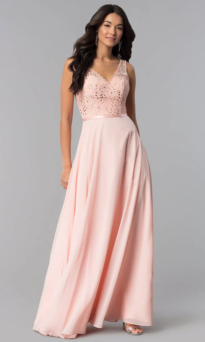 Elegant Lace Beaded A-Line V-Neck Sleeveless Open Back Floor-Length Evening Dress