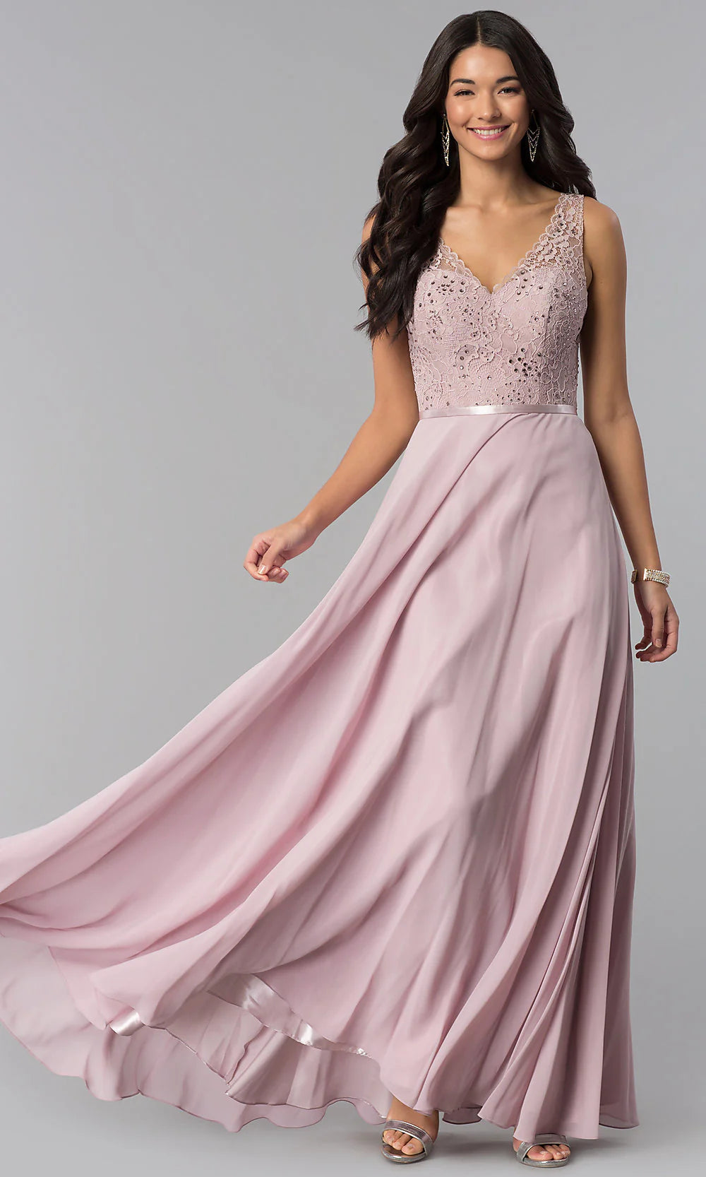 Elegant Lace Beaded A-Line V-Neck Sleeveless Open Back Floor-Length Evening Dress