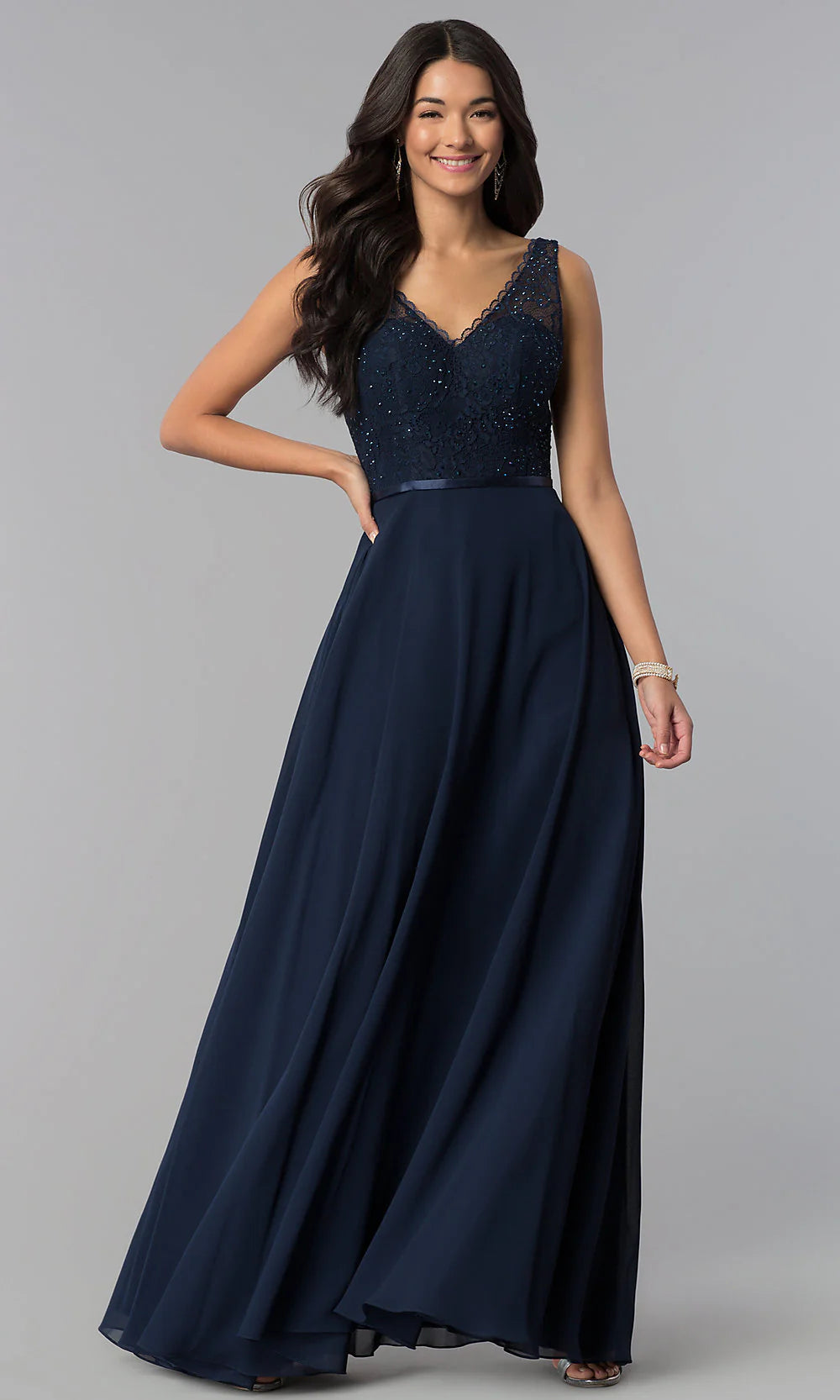 Elegant Lace Beaded A-Line V-Neck Sleeveless Open Back Floor-Length Evening Dress