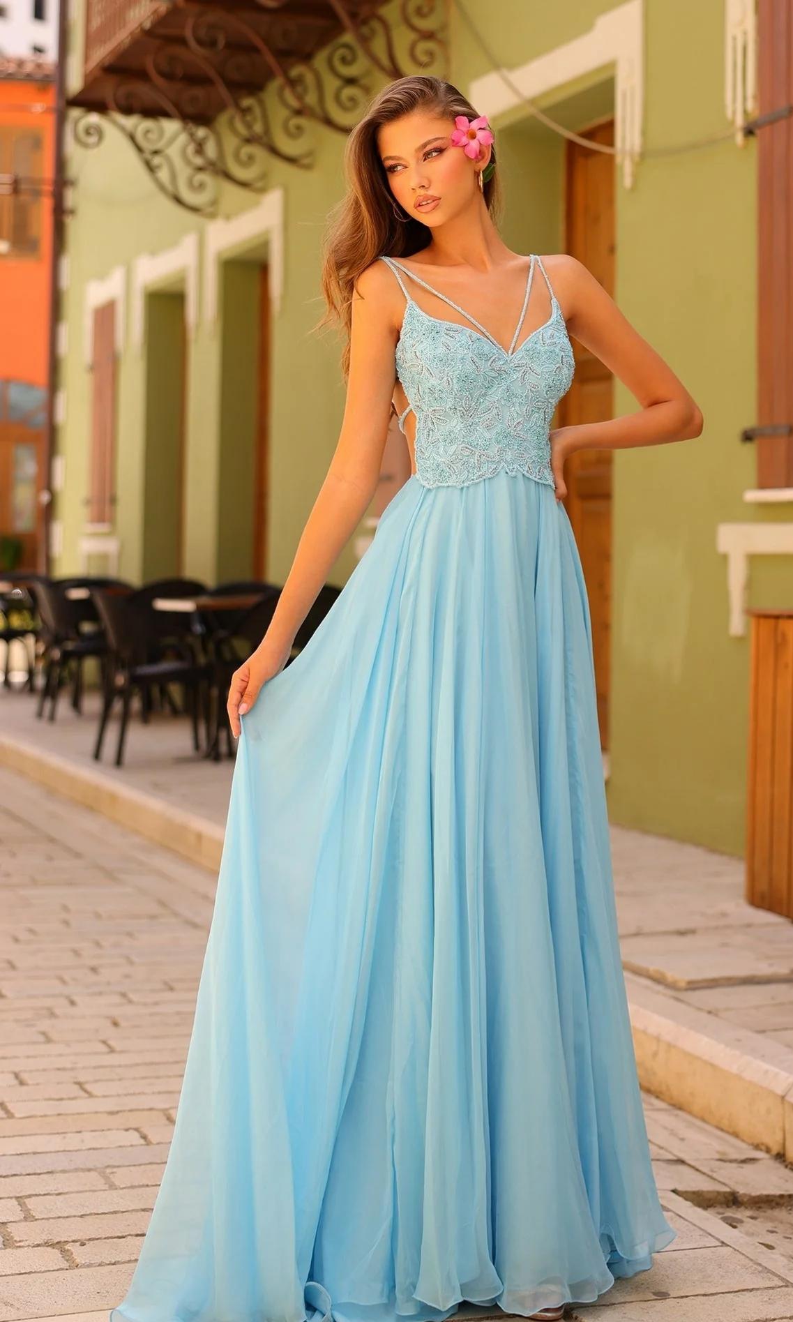 Elegant Lace Chiffon A-Line Spaghetti Strap V-Neck Open Back Evening Dresses
