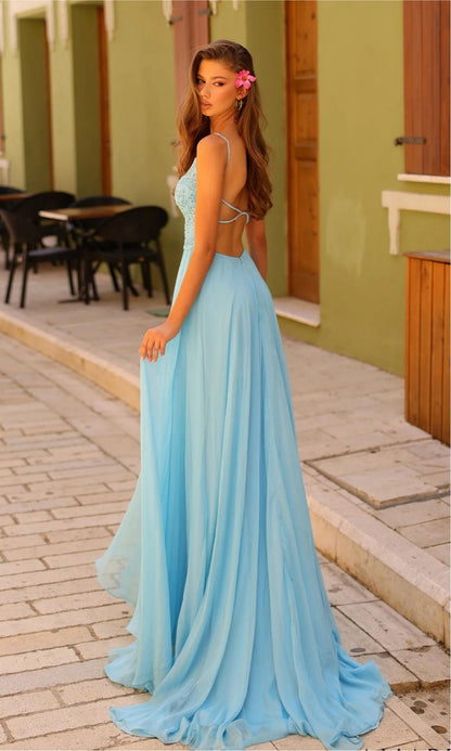 Elegant Lace Chiffon A-Line Spaghetti Strap V-Neck Open Back Evening Dresses
