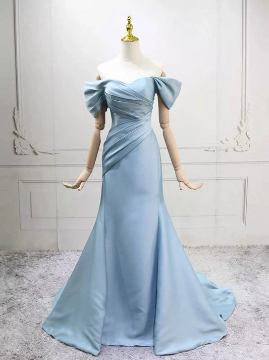 Elegant Light Blue Mermaid Off-the-Shoulder Corset Back Floor-Length Satin Prom Dress