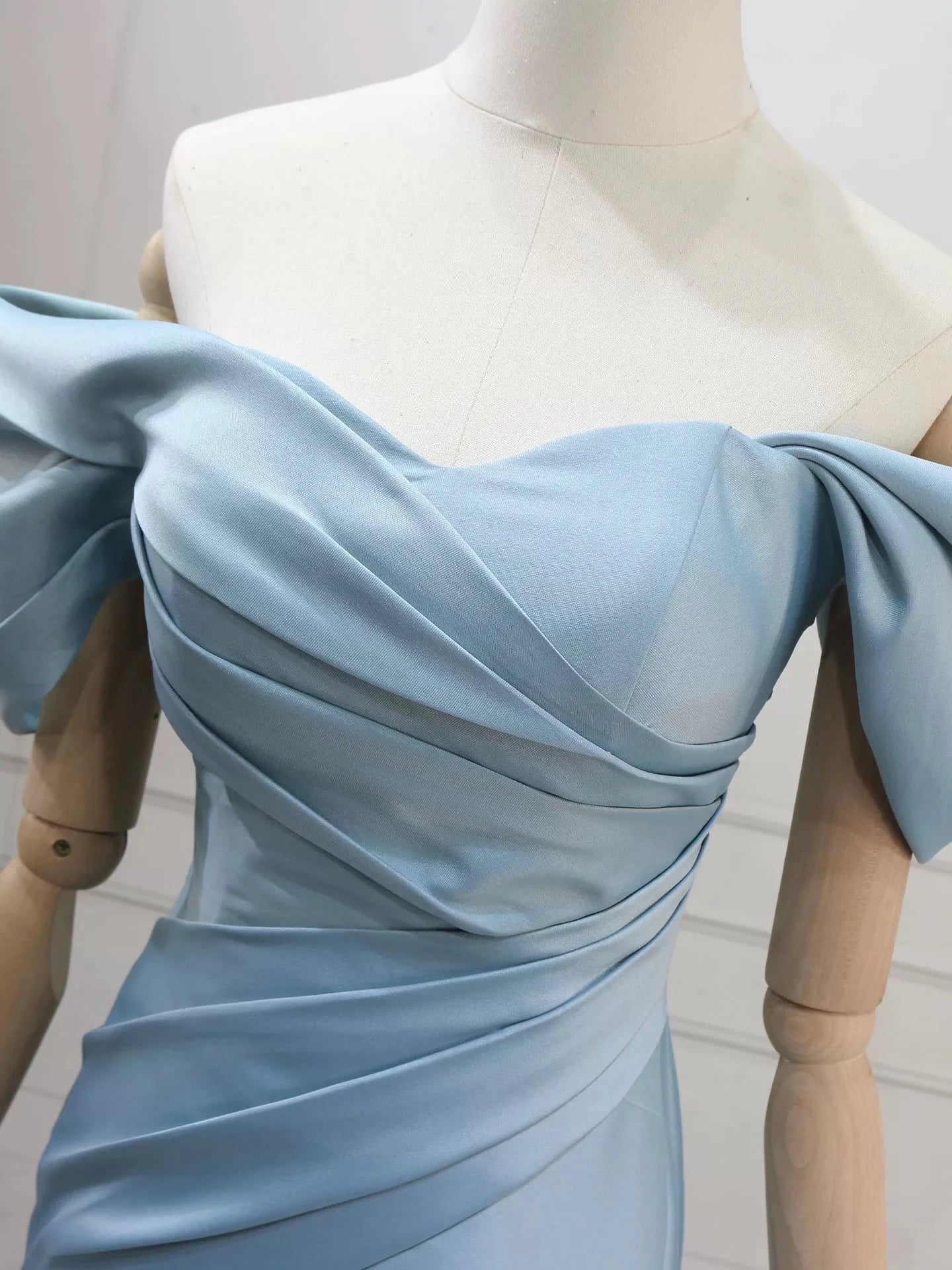 Elegant Light Blue Mermaid Off-the-Shoulder Corset Back Floor-Length Satin Prom Dress