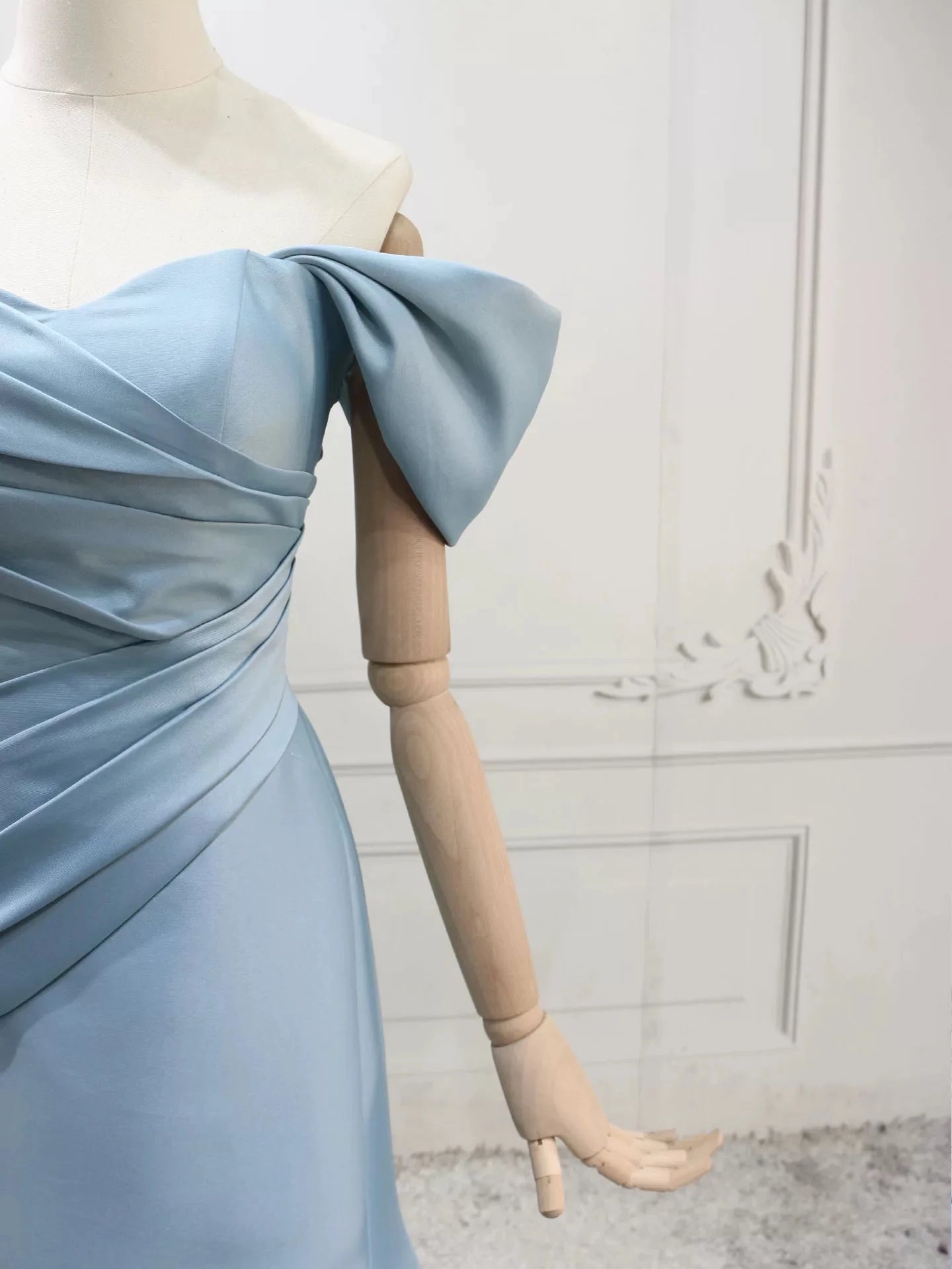 Elegant Light Blue Mermaid Off-the-Shoulder Corset Back Floor-Length Satin Prom Dress