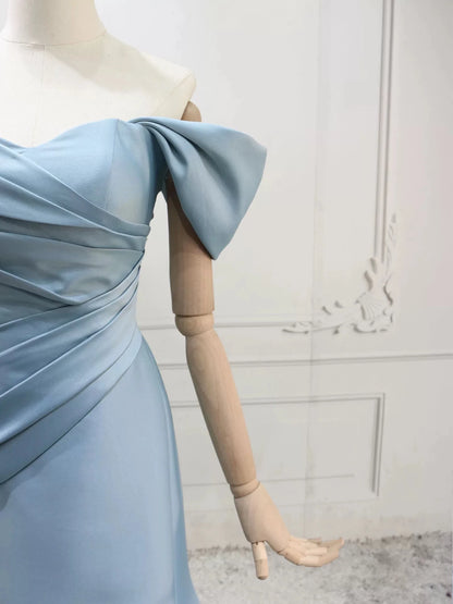Elegant Light Blue Mermaid Off-the-Shoulder Corset Back Floor-Length Satin Prom Dress