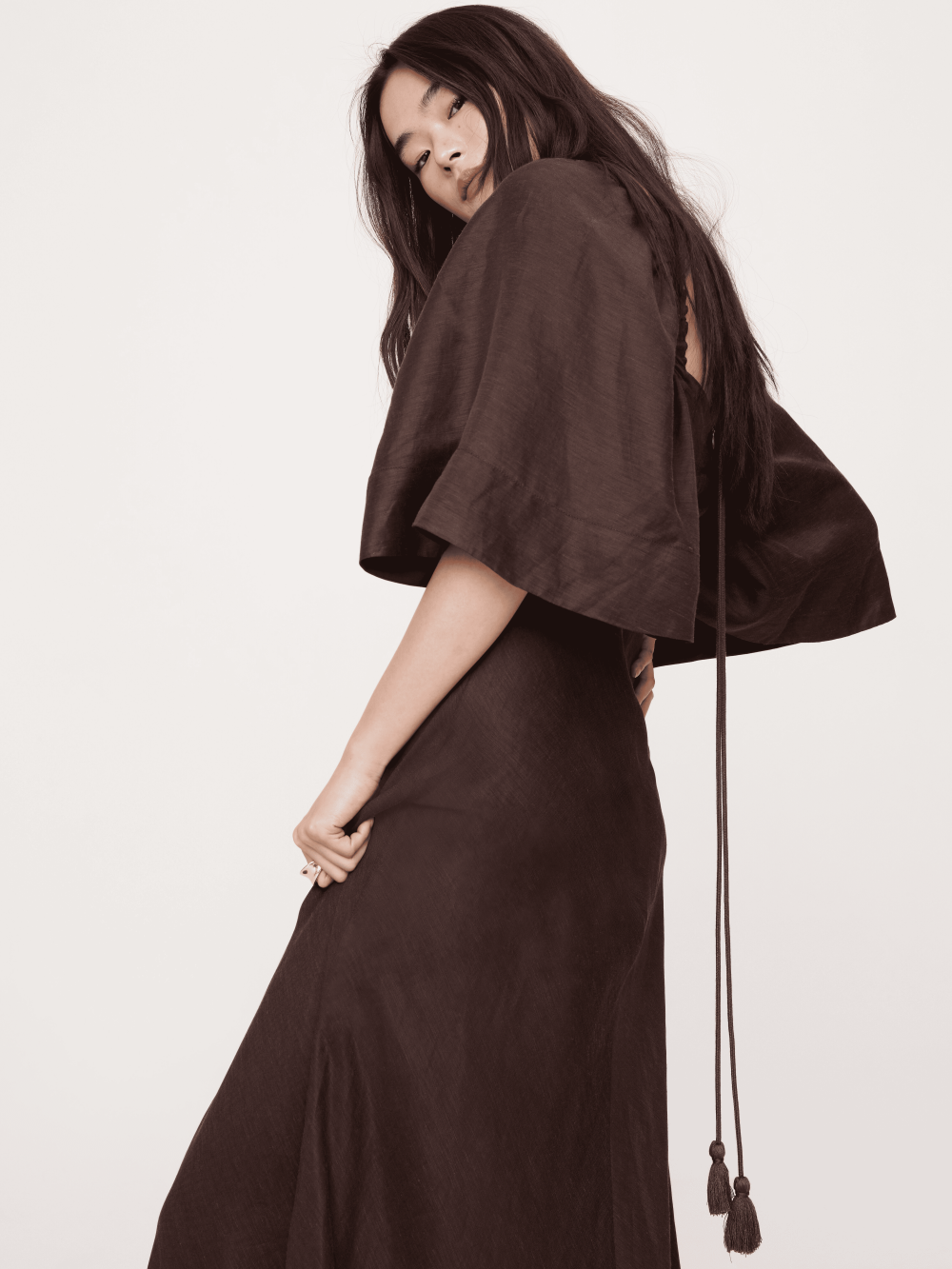 Elegant Linen A Line Square Neck Flounce Sleeve Tie Back Maxi Evening Dresses