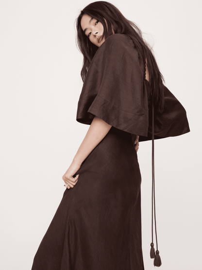 Elegant Linen A Line Square Neck Flounce Sleeve Tie Back Maxi Evening Dresses