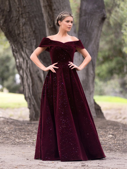 Elegant Luxurious Regal Sparkly Velvet Ball Gown Silhouette Off-the-Shoulder Neck Short Sleeves Low Open Back Hidden Zipper Floor-Length Prom Dress
