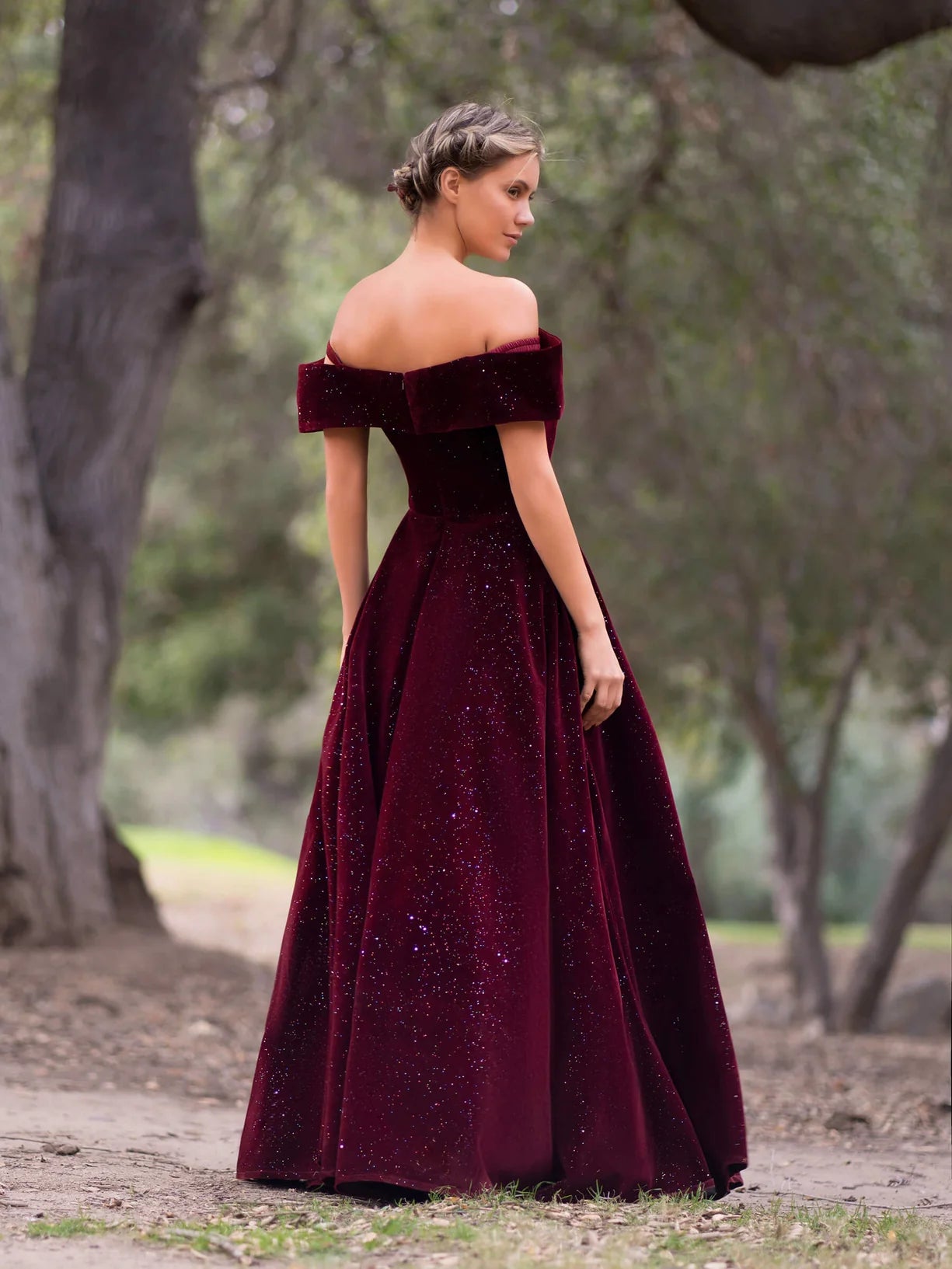 Elegant Luxurious Regal Sparkly Velvet Ball Gown Silhouette Off-the-Shoulder Neck Short Sleeves Low Open Back Hidden Zipper Floor-Length Prom Dress