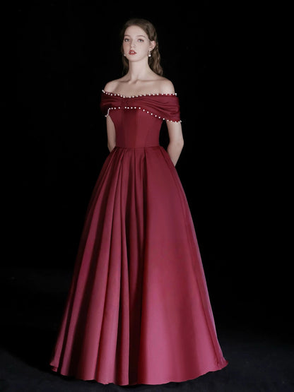 Elegant Luxury Fitted A-Line Off-the-Shoulder Short Sleeve Back Lace-Up Floor-Length Prom Dresses
