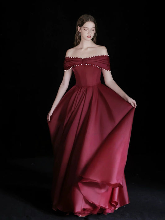 Elegant Luxury Fitted A-Line Off-the-Shoulder Short Sleeve Back Lace-Up Floor-Length Prom Dresses