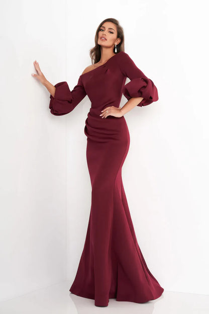 Elegant Mermaid Asymmetric Neckline Puff Sleeve Asymmetric Back Floor Length Mother of the Bride Dress