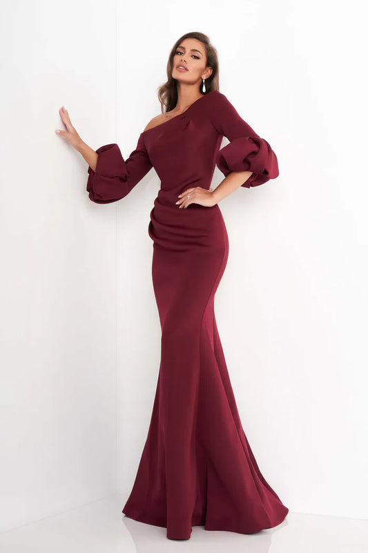 Elegant Mermaid Asymmetric Neckline Puff Sleeve Asymmetric Back Floor Length Mother of the Bride Dress