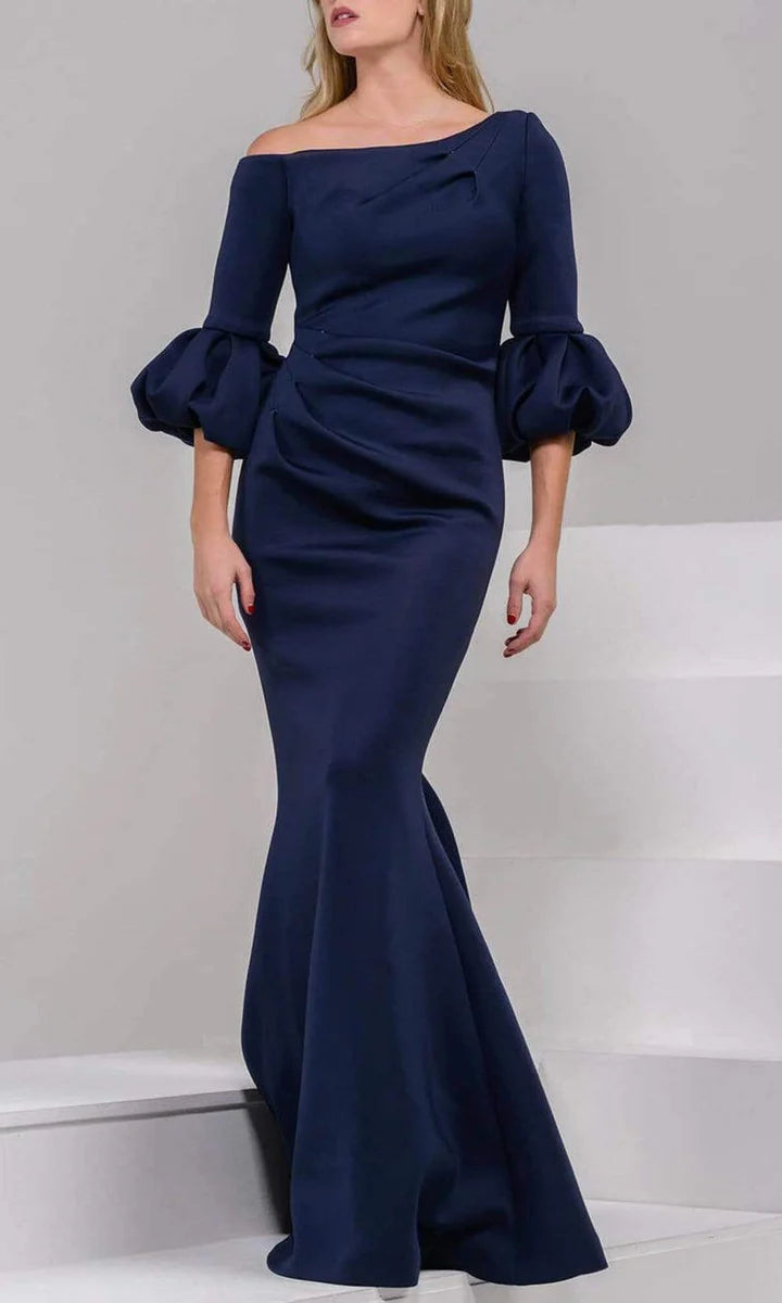 Elegant Mermaid Asymmetric Neckline Puff Sleeve Asymmetric Back Floor Length Mother of the Bride Dress
