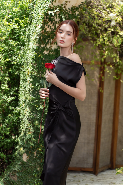 Lustrous Satin Mermaid Off-Shoulder Waist Knot High Slit Floor Length Evening Dress