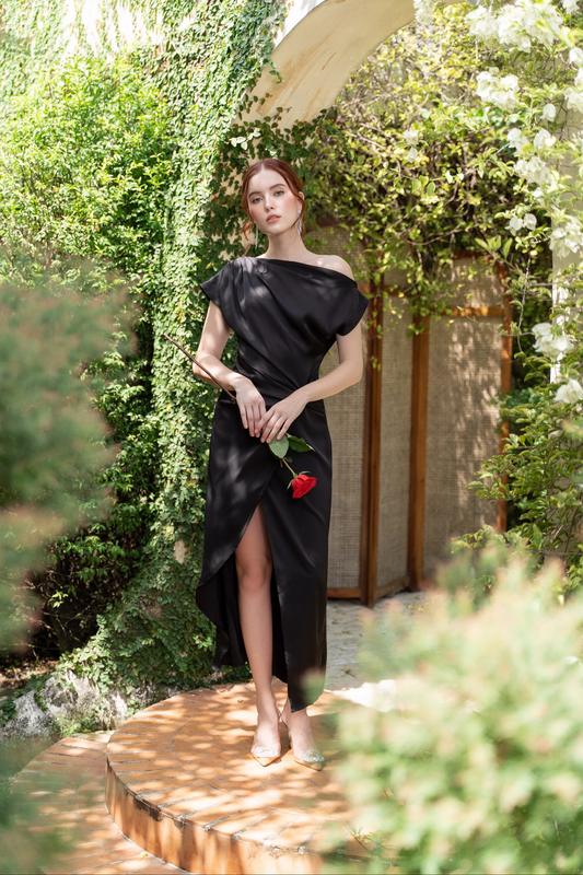 Elegant Mermaid Asymmetrical Off-the-Shoulder Waist Knot High Slit Floor Length Satin Evening Dress