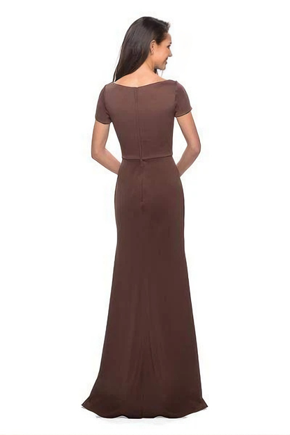 Elegant Mermaid Boat Neck Short Sleeves V Back Floor Length Mother of the Bride Dress