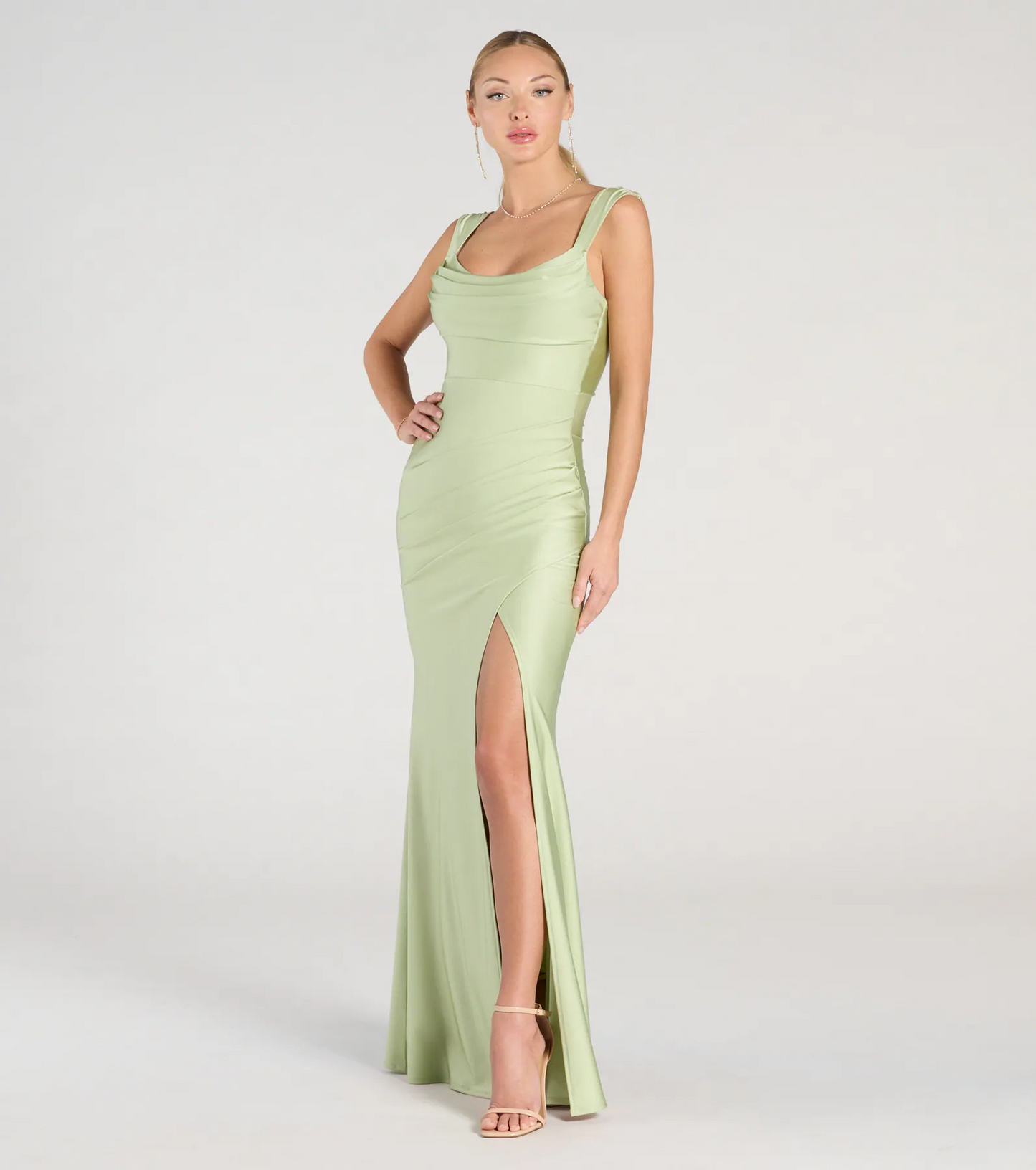 Elegant Mermaid Cowl Neck Sleeveless Open Back Slit Floor Length Evening Dress