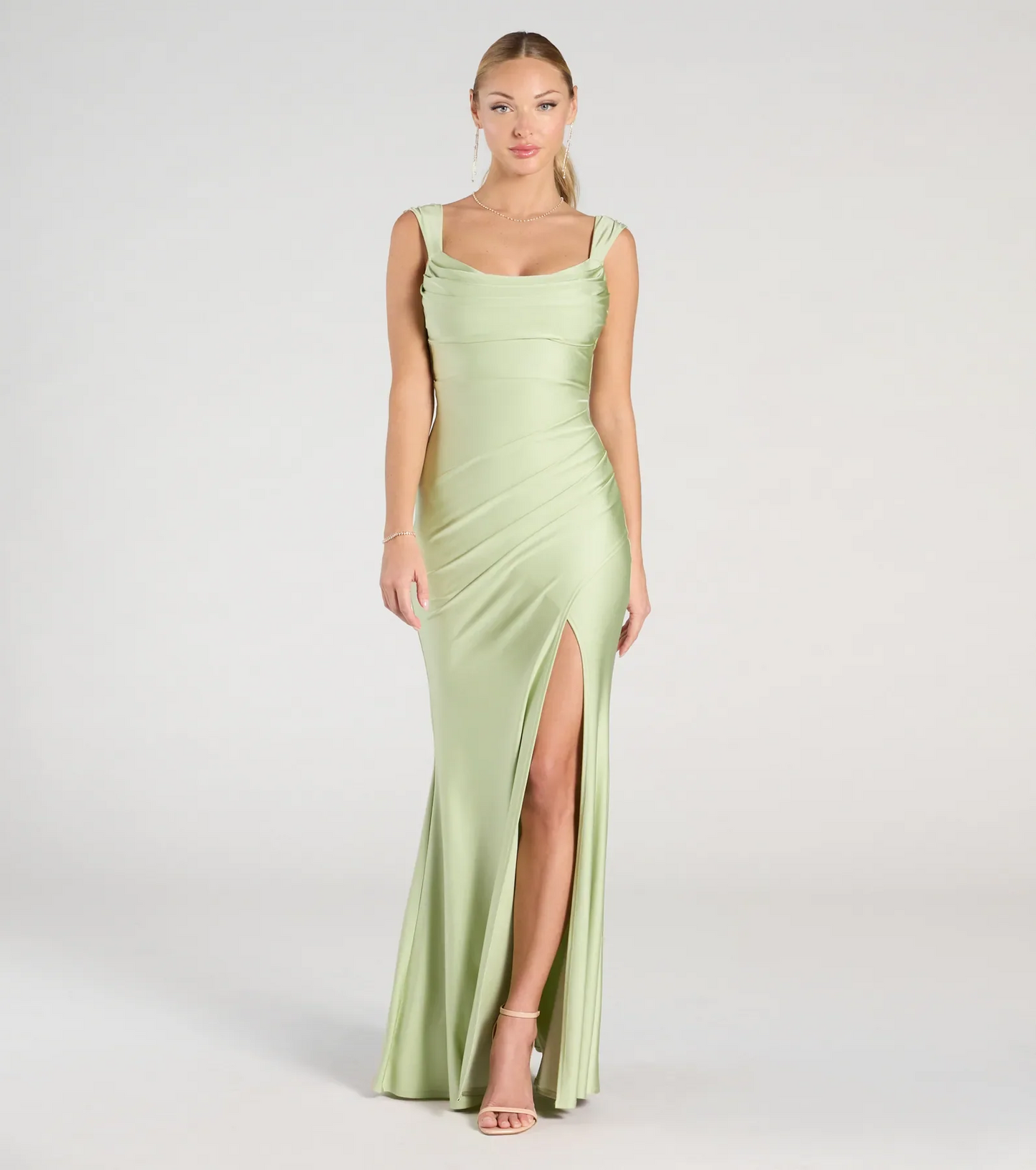 Elegant Mermaid Cowl Neck Sleeveless Open Back Slit Floor Length Evening Dress