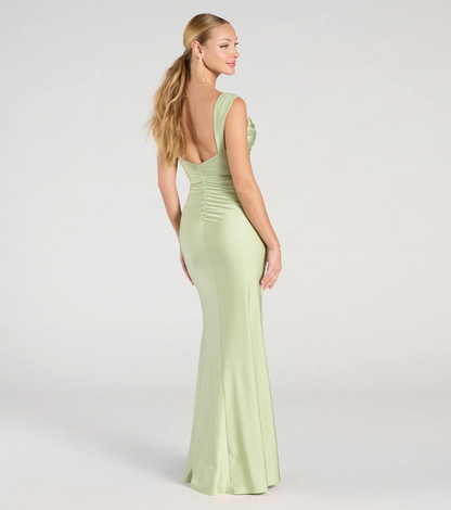 Elegant Mermaid Cowl Neck Sleeveless Open Back Slit Floor Length Evening Dress